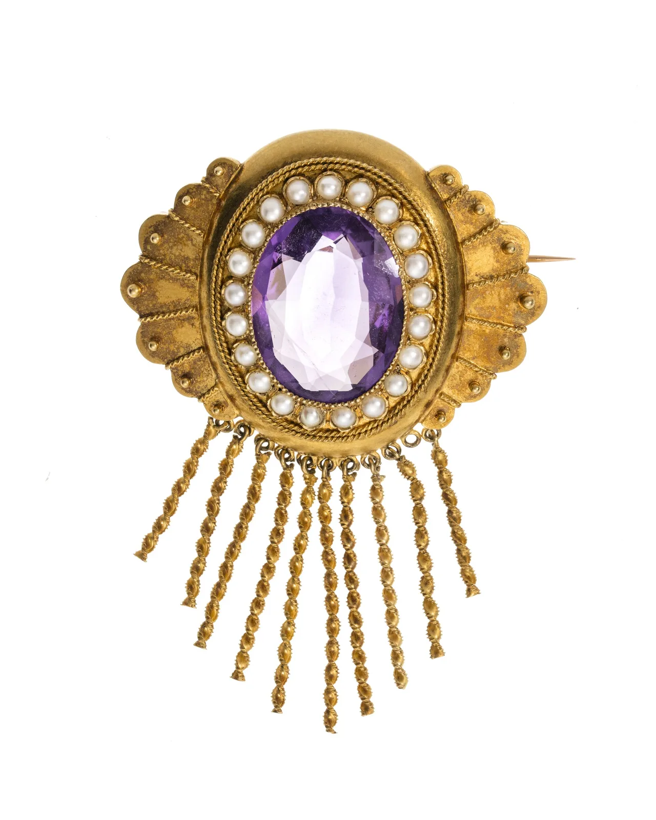 Nineteenth-century gold brooch with a central oval amethyst in a pearl halo, a scalloped gold body, and a fringe of twisted gold drops