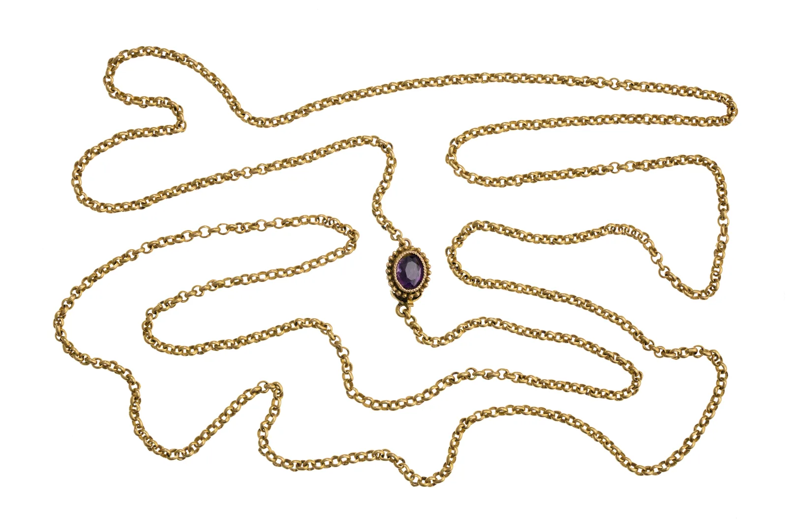Long gold chain of small rounded links with a single oval amethyst set in the clasp