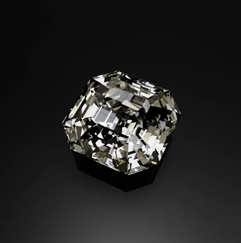 Asscher-cut diamond seen from above, a square with clipped corners and concentric step facets around a square table