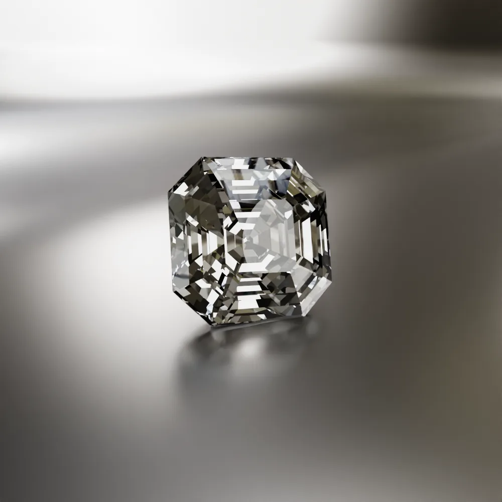 Asscher-cut diamond seen from the side, with a stepped crown and a deep stepped pavilion