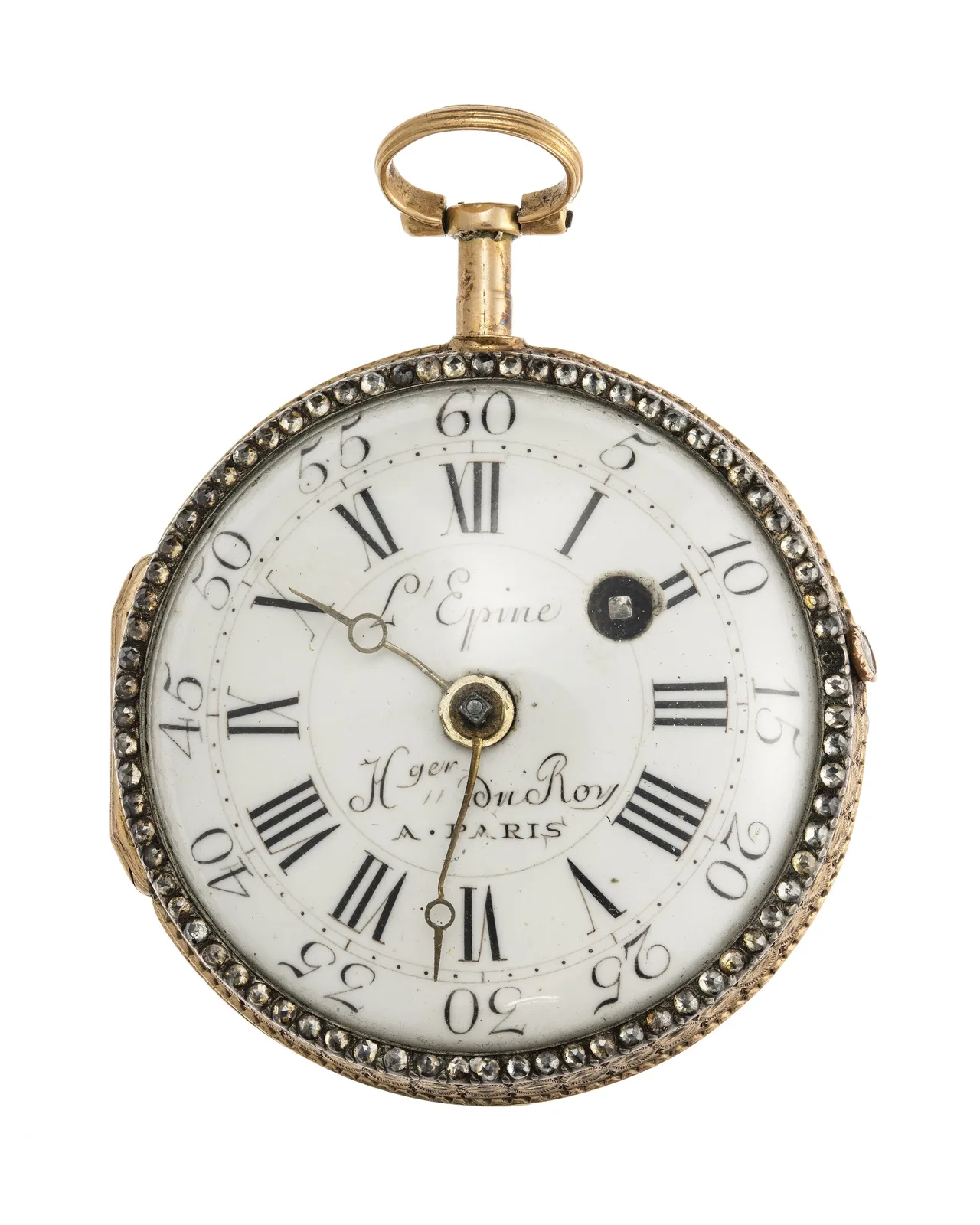Eighteenth-century pocket watch with an enamel dial, numerals circling the hour in a gold case