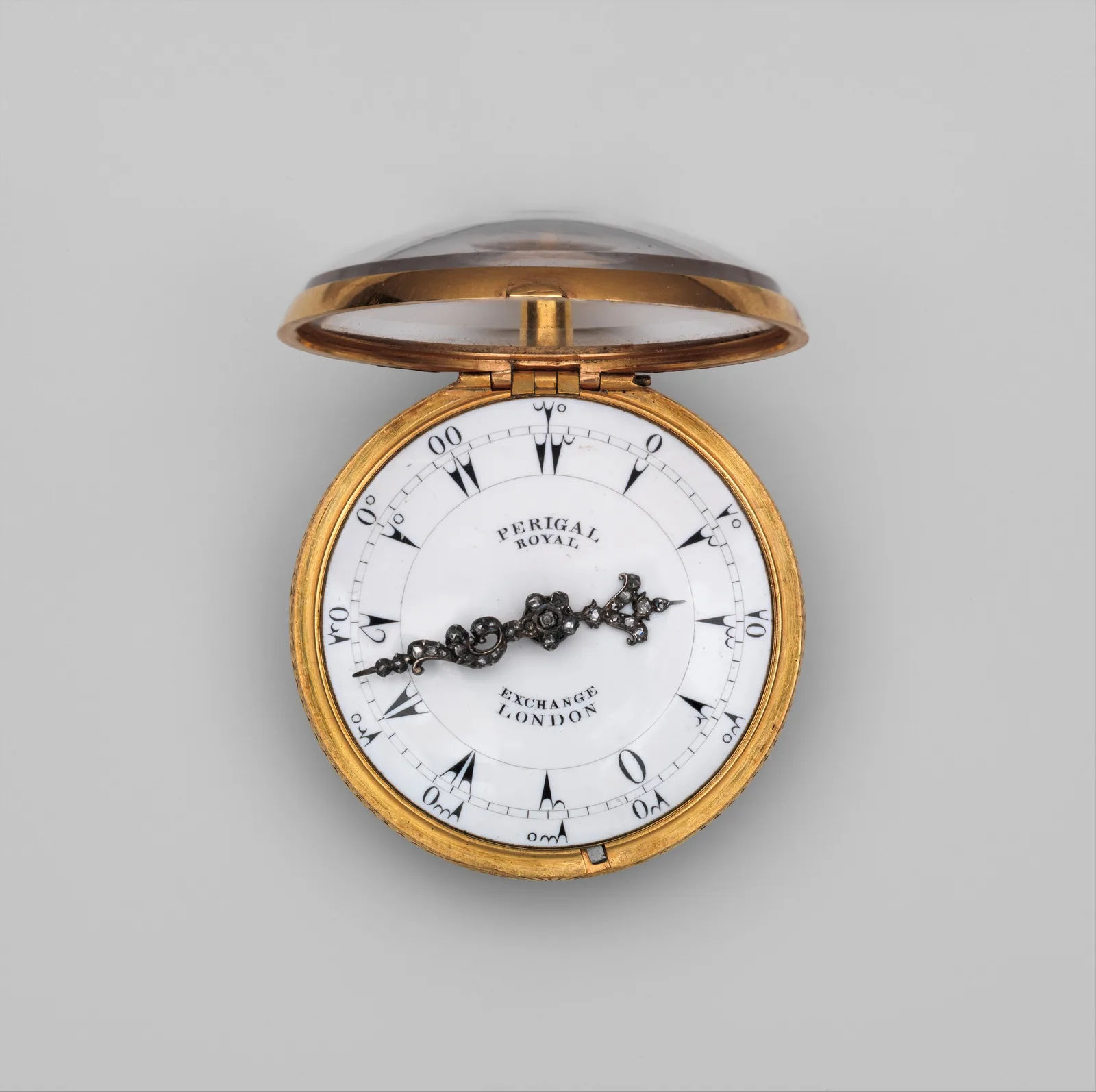 Eighteenth-century repeating watch, white enamel dial with black numerals circling the hour and diamond-set hands