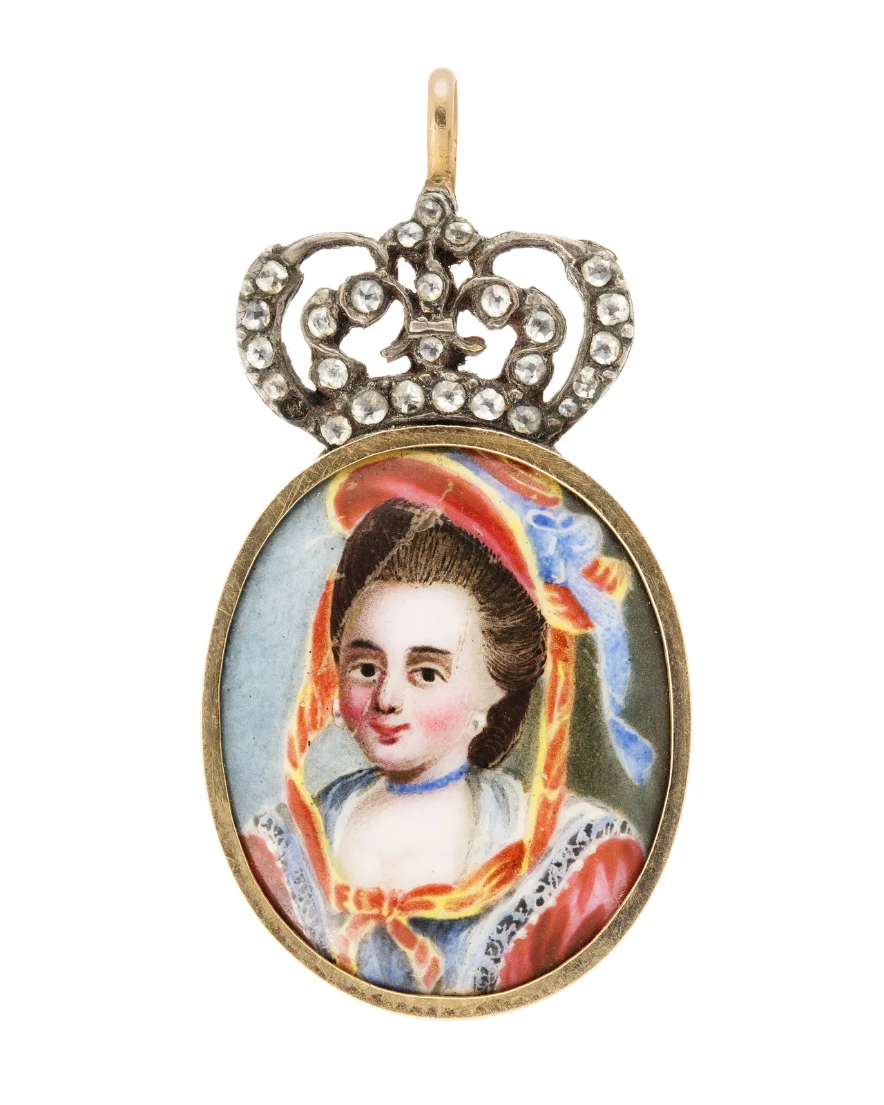Eighteenth-century gold pendant with a miniature portrait, pale stones in the frame, and a bow-shaped bail ending in a small ring