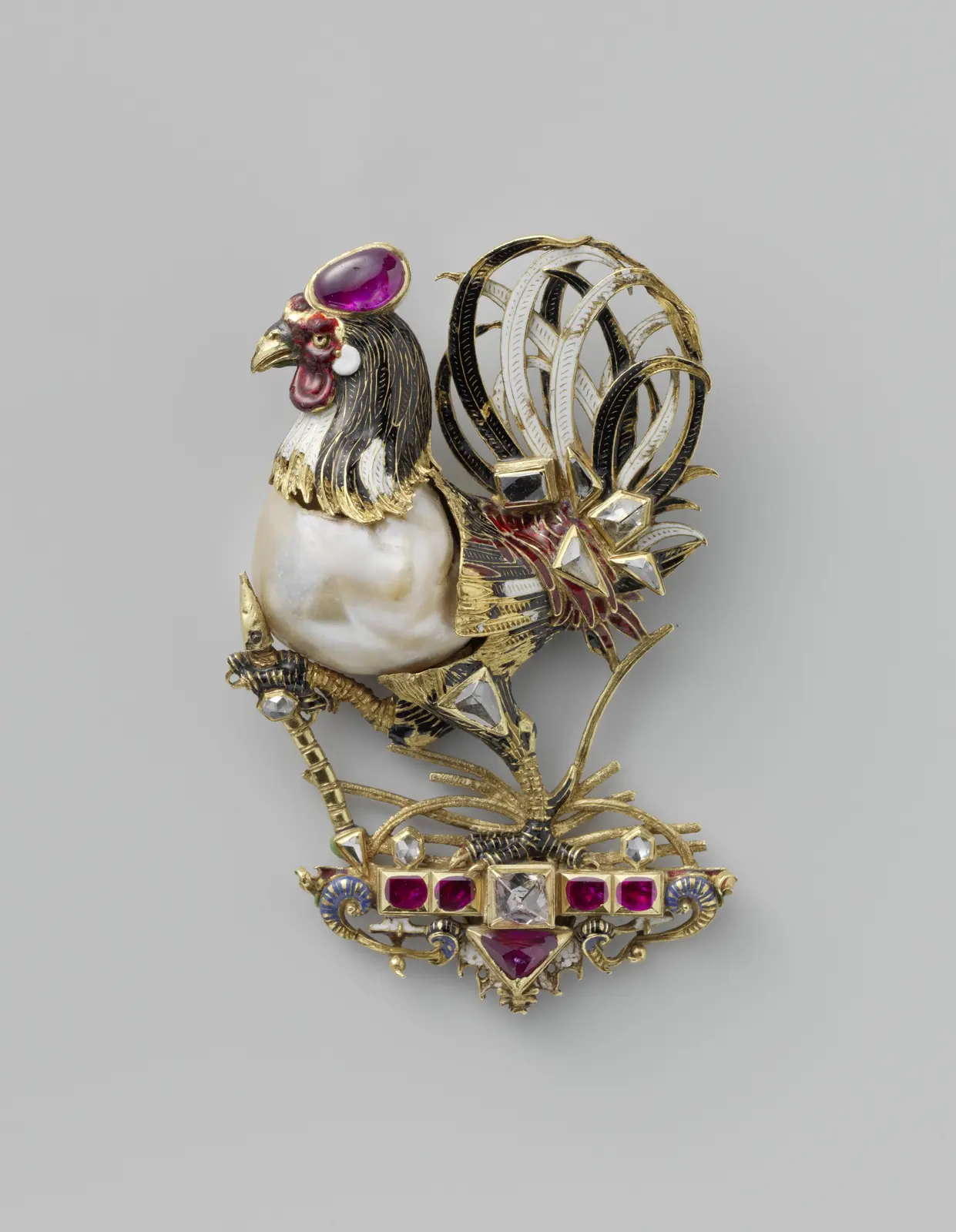 A pendant in the form of a cock, the body a large baroque pearl, with enamelled gold head, tail, and feet