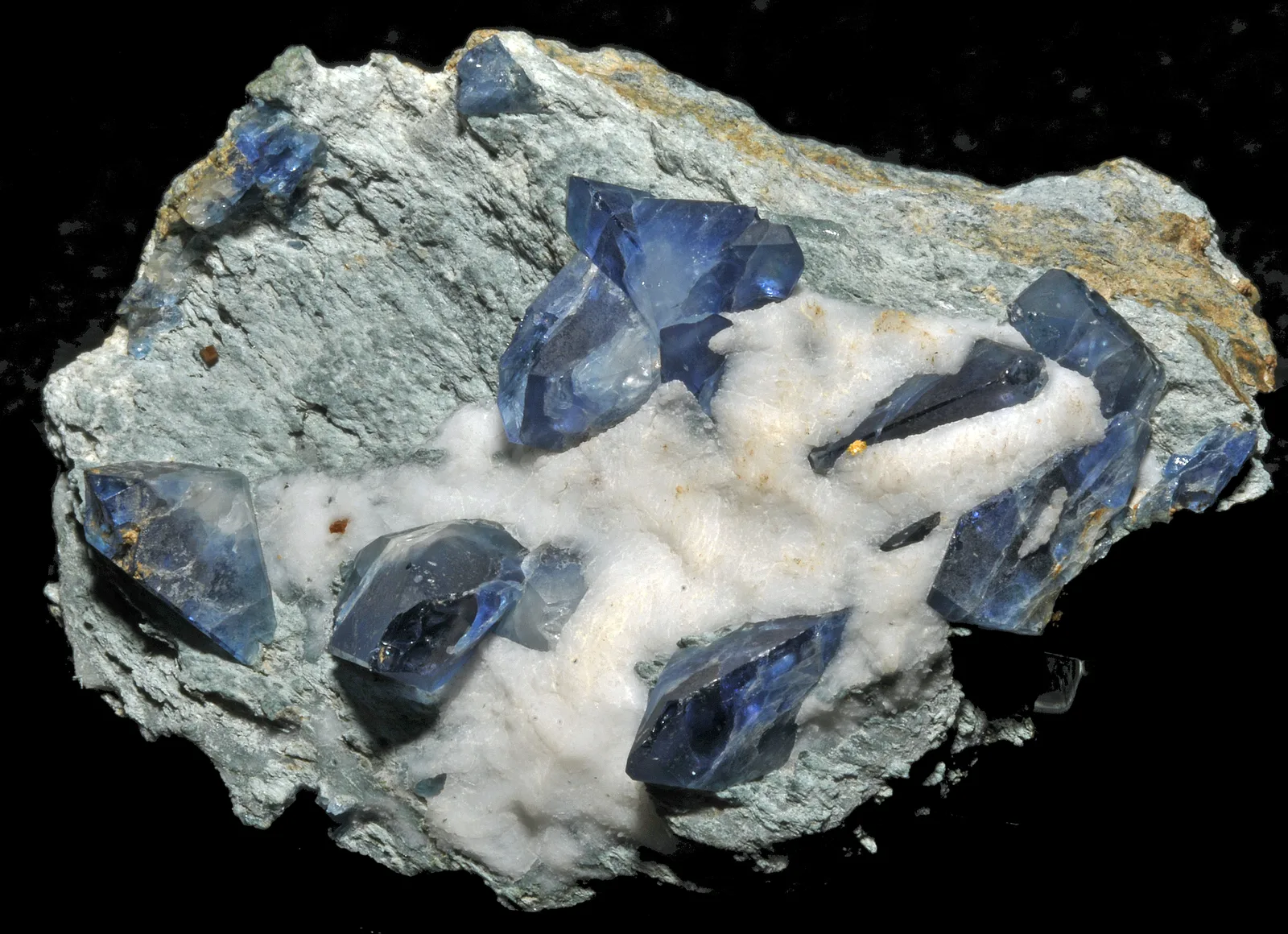 Blue triangular benitoite with copper-orange joaquinite and black neptunite on white natrolite