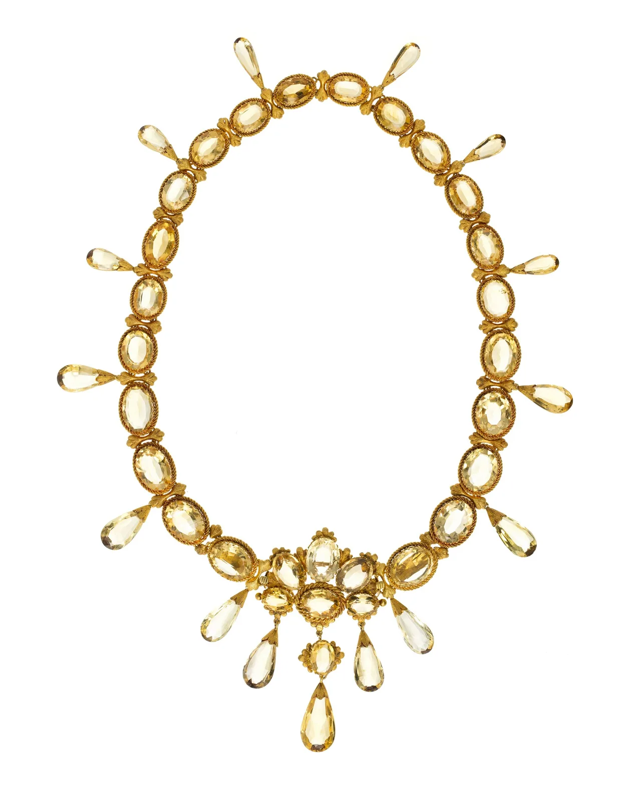 Nineteenth-century gold necklace of oval honey-yellow topazes with small faceted drops hanging from the tips around the circle