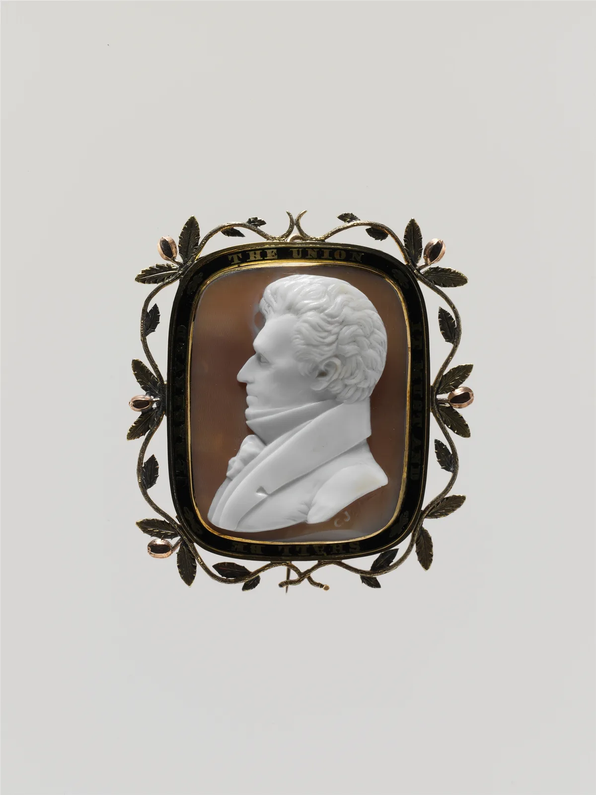 American shell cameo brooch of a man's profile in white relief on a brown ground, framed in black enamel and an openwork gold vine
