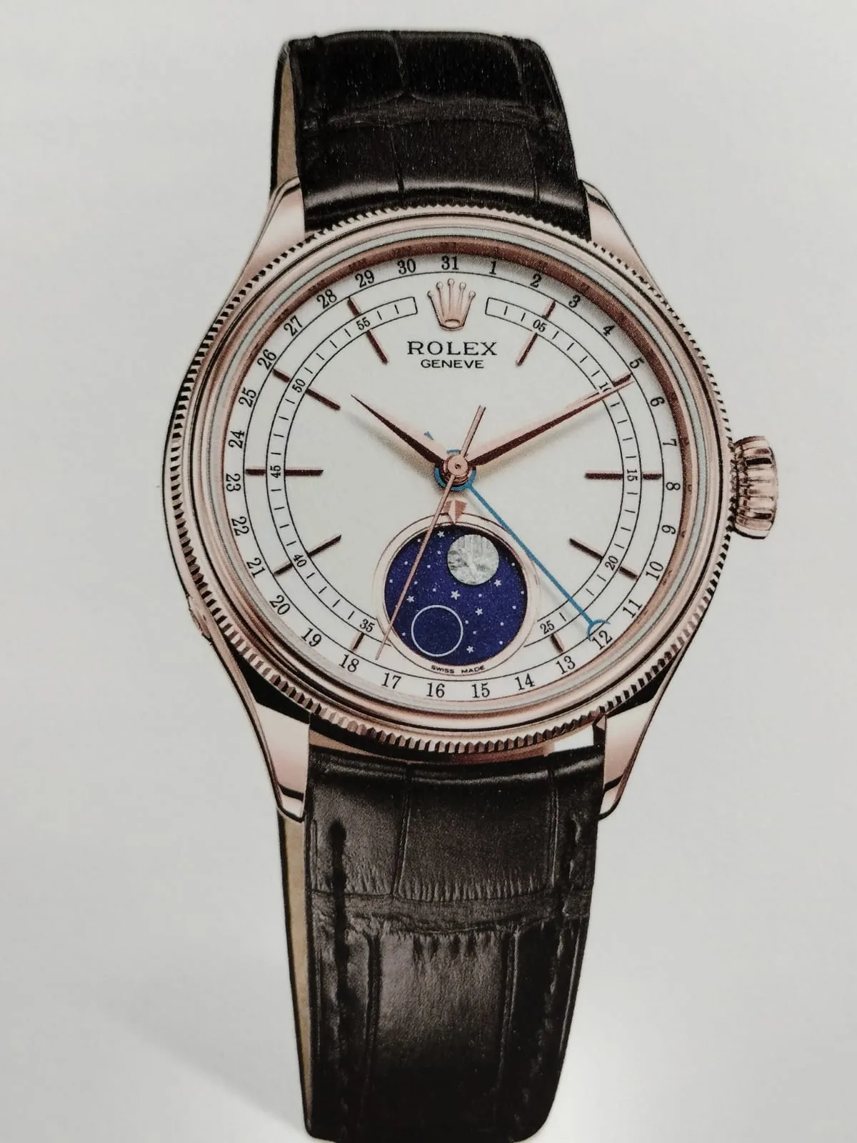 Rolex Cellini Moonphase reference 50535 with a diamond-set bezel, Roman numerals, and a moon at six, shown off the wrist