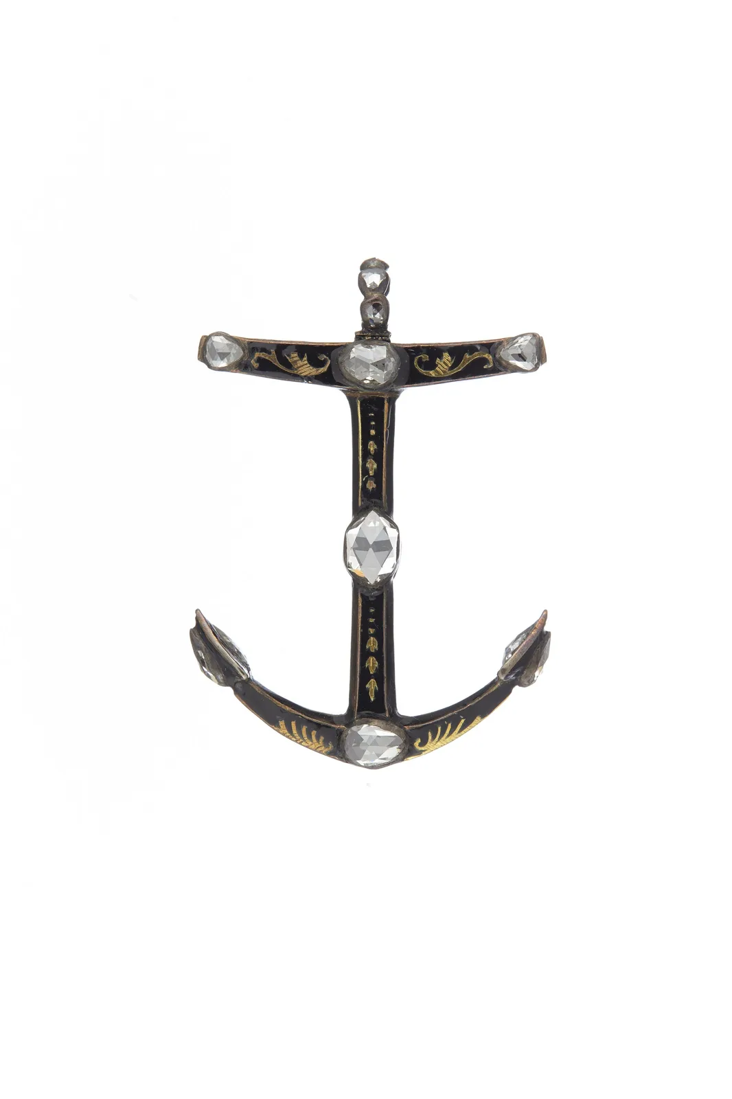 Early eighteenth-century gold pendant in the form of an anchor, black enamel on the body, rose-cut diamonds along the stock, shank, and flukes