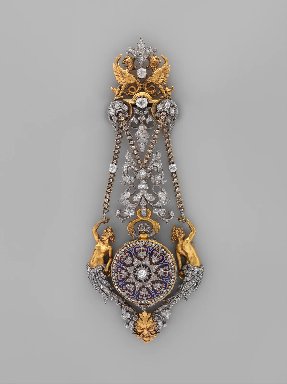 A Paris chatelaine and watch of about 1875, partly enameled gold and platinum set with diamonds, by Hippolyte Téterger