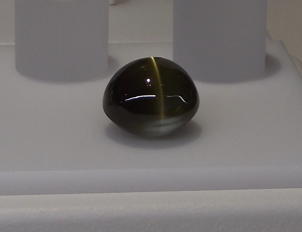 A honey-colored cat’s-eye chrysoberyl cabochon with a single bright band, a museum stone on a dark ground