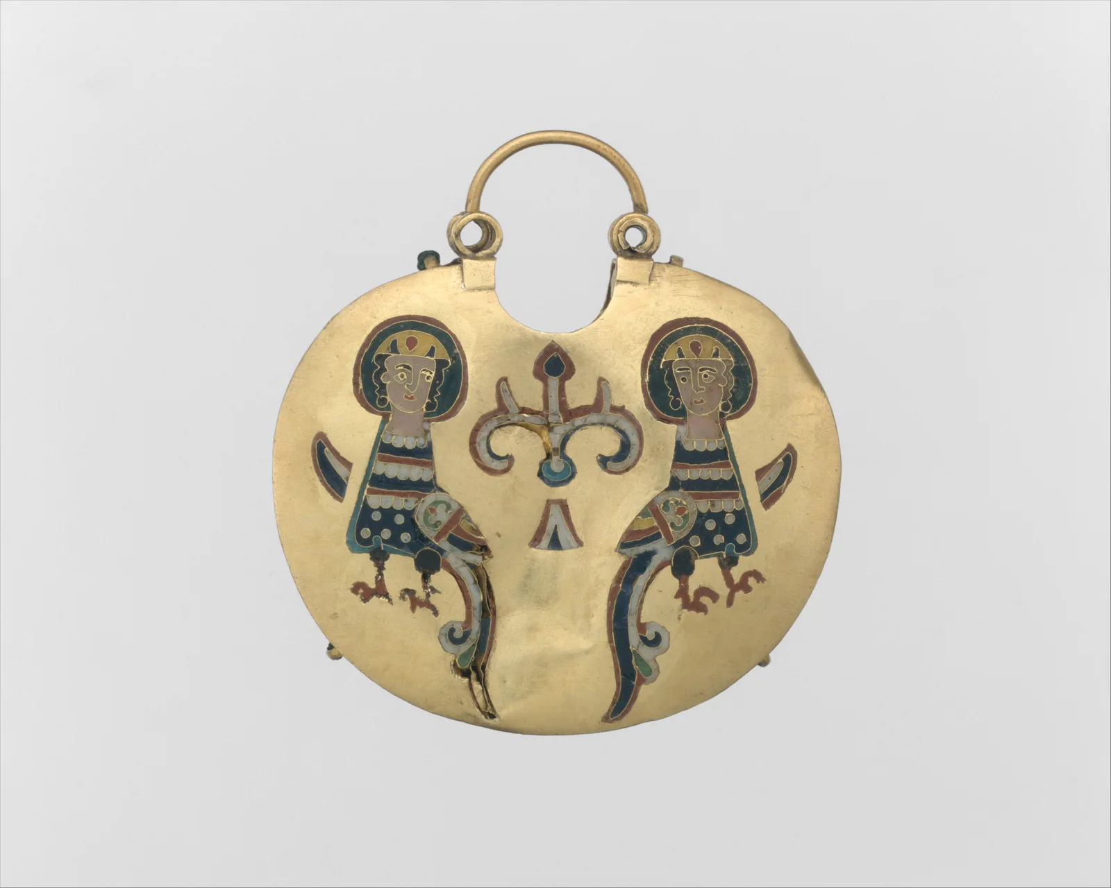 Kievan Rus temple pendant of cloisonné enamel and gold, two sirens flanking a tree of life, pearls at the edges
