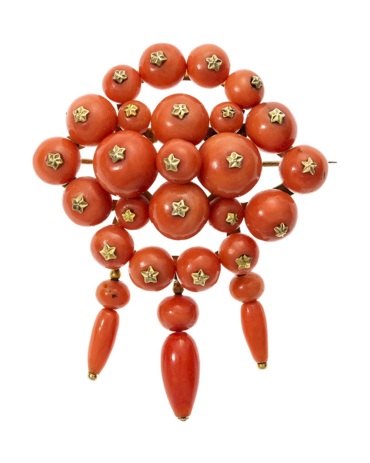 Nineteenth-century coral brooch, a cluster of round coral beads pinned with tiny gold stars and three coral drops below