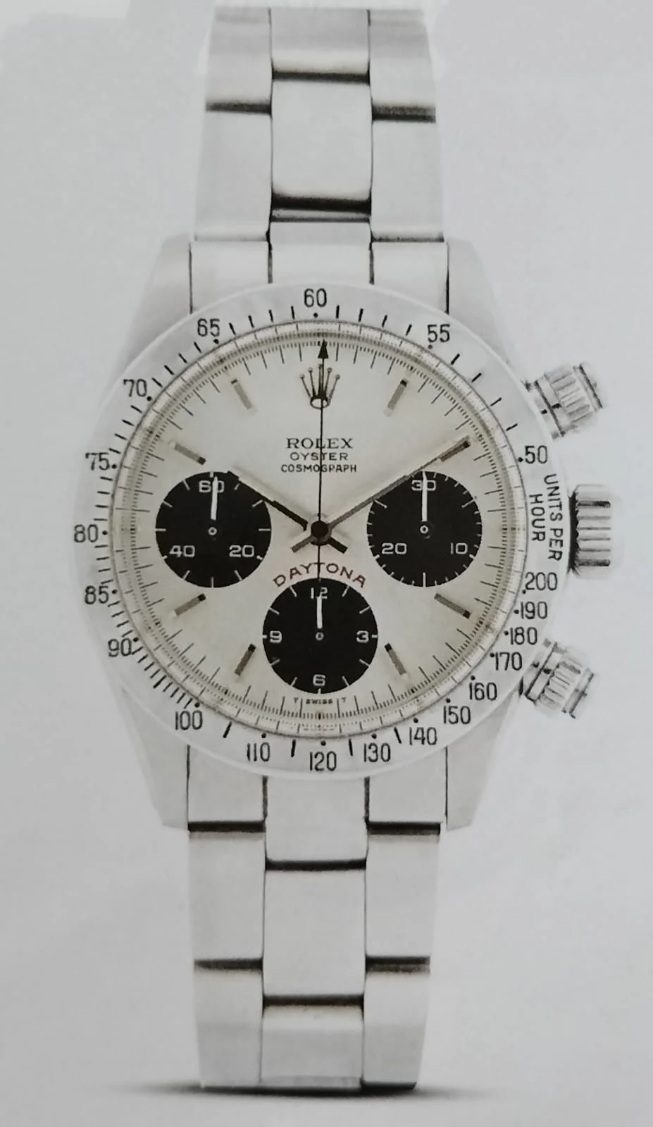 Steel Rolex Daytona Big Red reference 6265 with a white dial, three black sub-dials, and an engraved tachymeter bezel, shown off the wrist