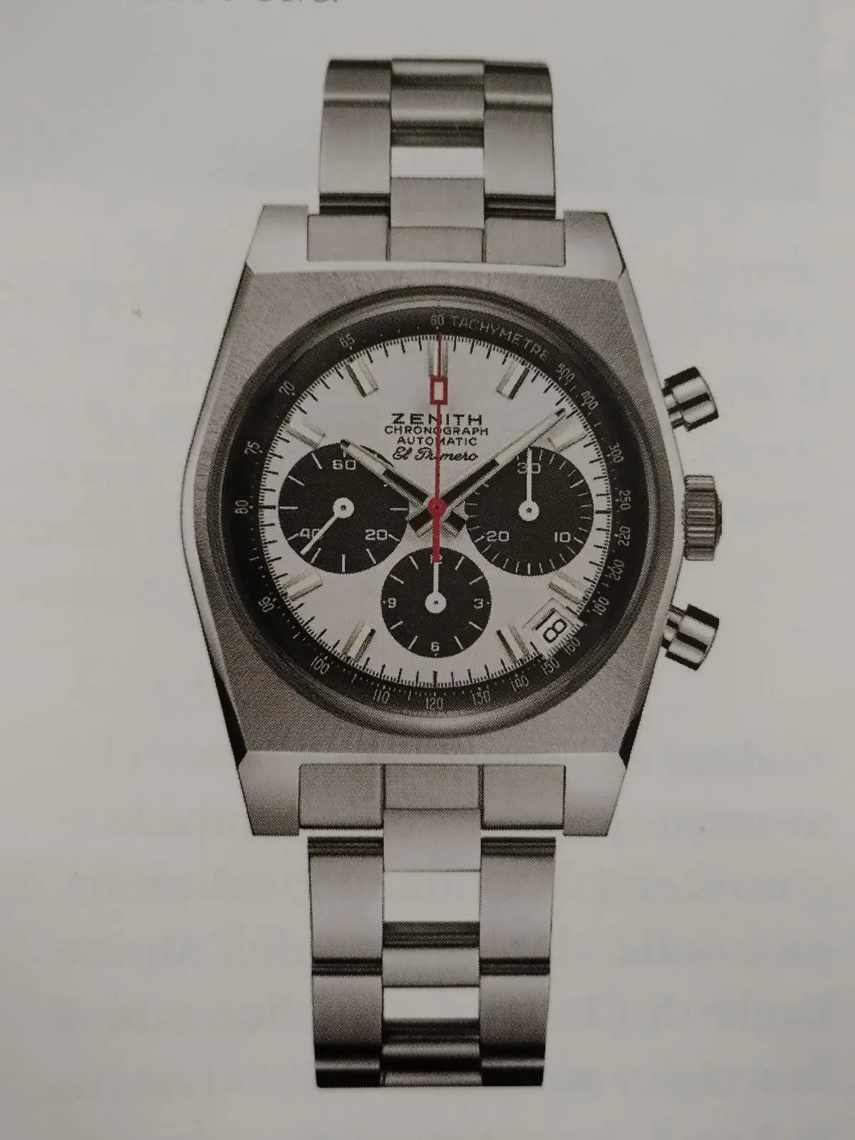 Zenith El Primero A384 Revival with tricolor registers and a ladder bracelet, shown off the wrist on a white ground