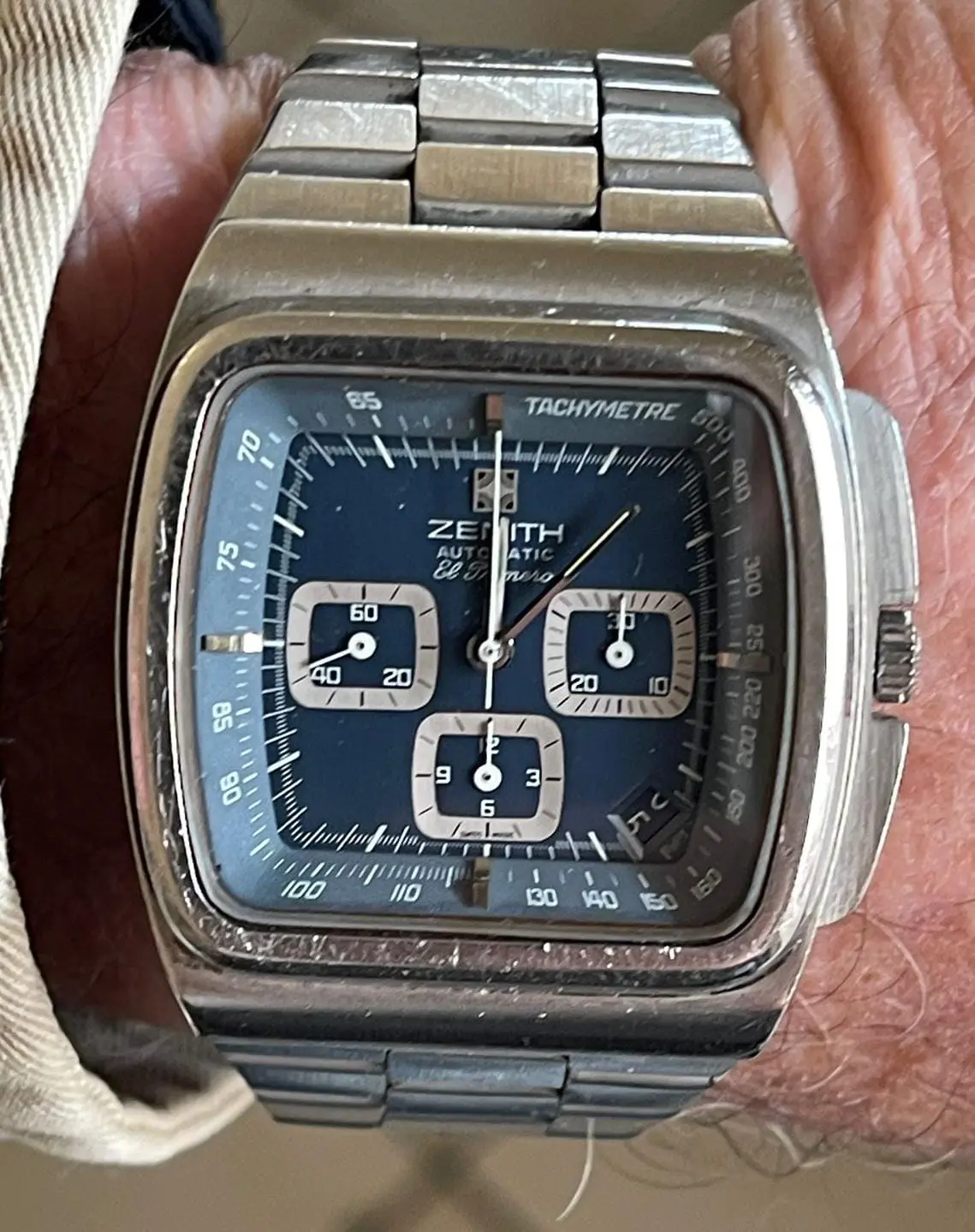 Zenith El Primero TV reference 01-0200-415 with a cushion case and tricolor registers, shown off the wrist