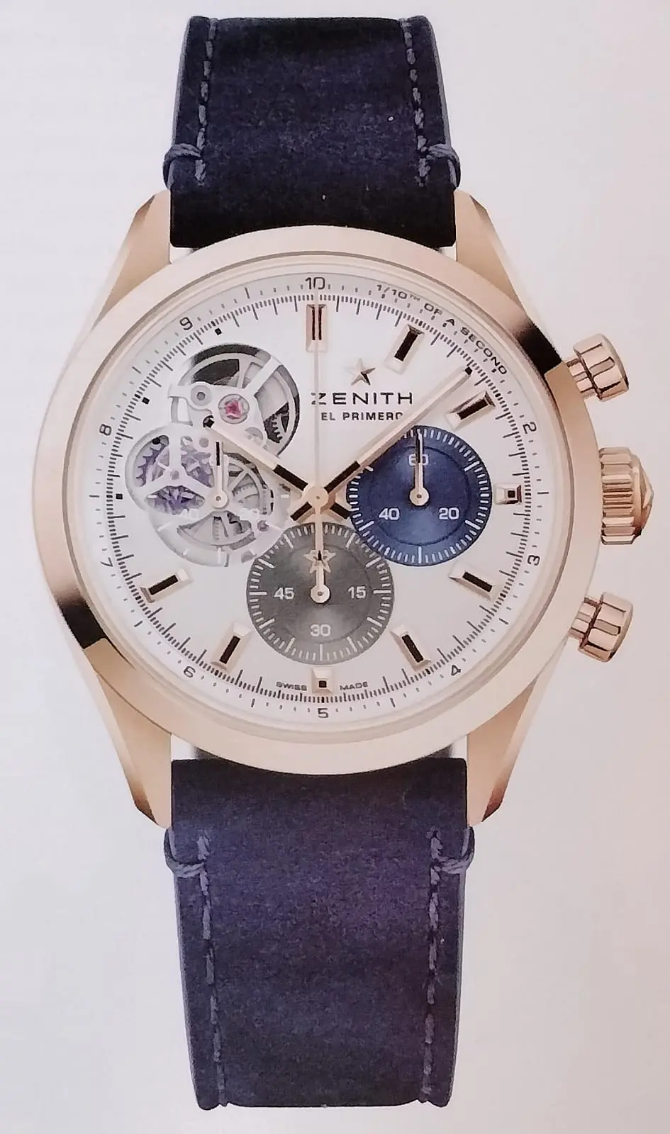Zenith El Primero Chronomaster Open with an aperture onto the movement and tricolor registers, shown off the wrist