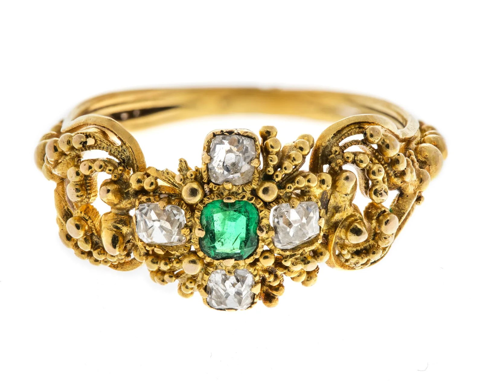 Nineteenth-century gold ring with a small square emerald-cut emerald at the center and four old-cut diamonds in a cross