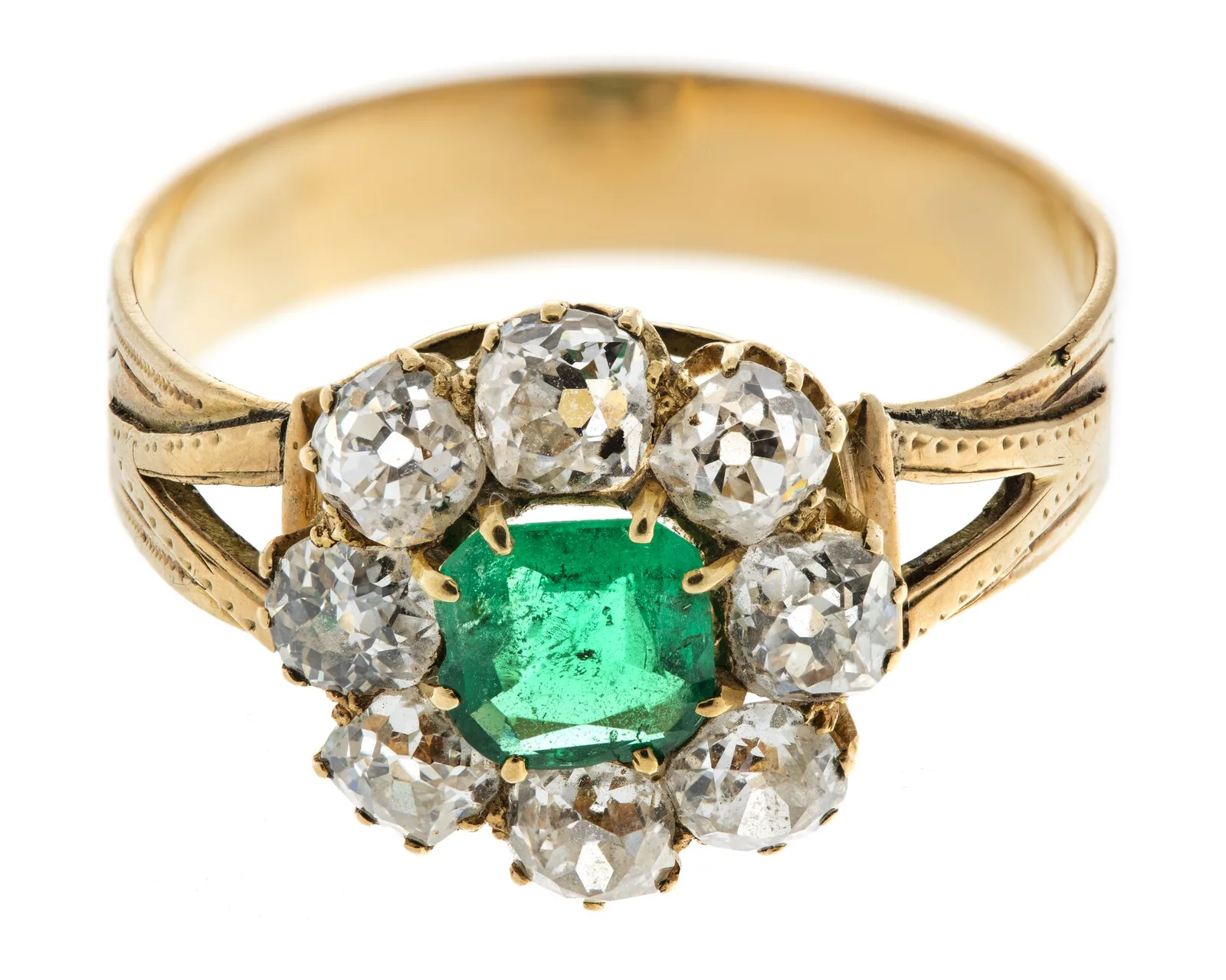 Nineteenth-century gold ring set with emeralds and brilliant-cut stones