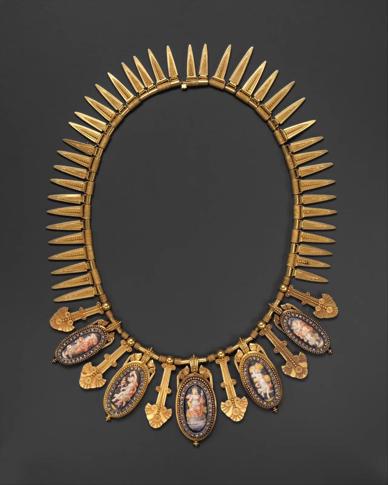 Nineteenth-century gold necklace with a sunburst fringe and five oval painted-enamel medallions of classical figures on dark grounds