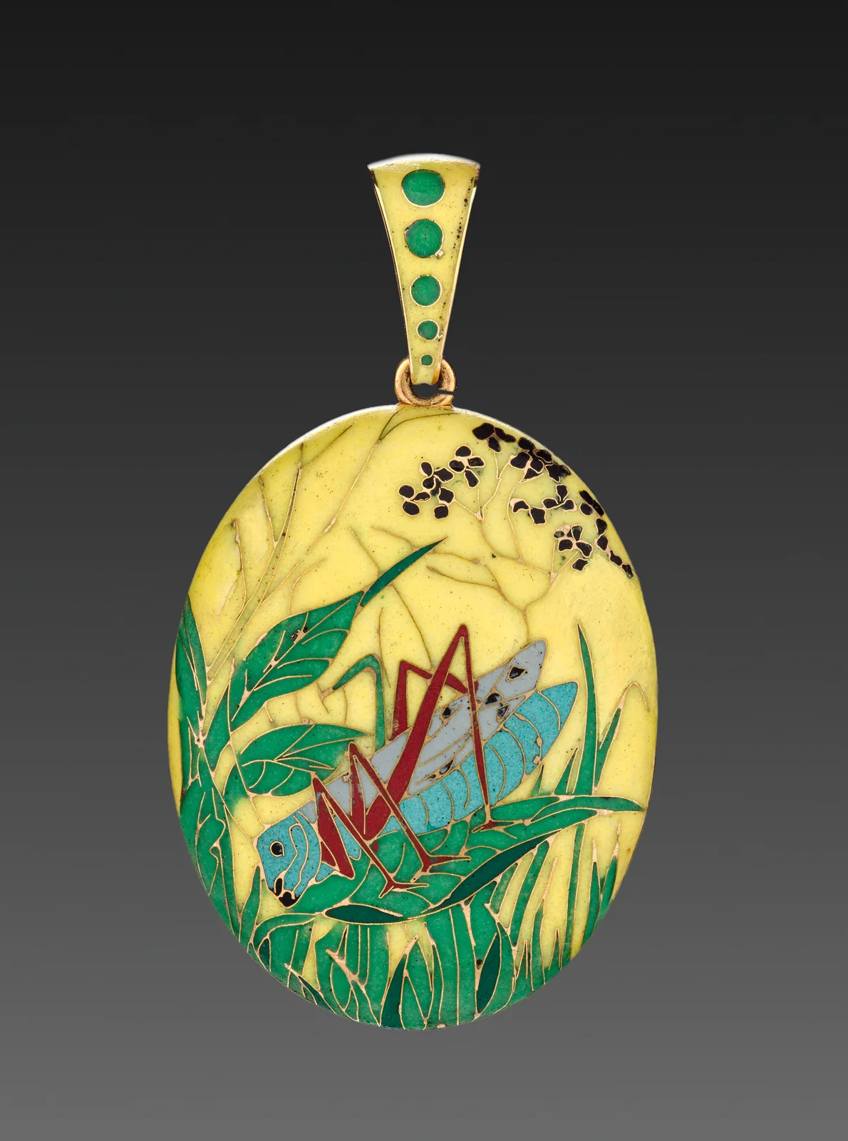 Alexis Falize oval gold locket with cloisonné enamel of a cricket among green leaves on a pale yellow ground
