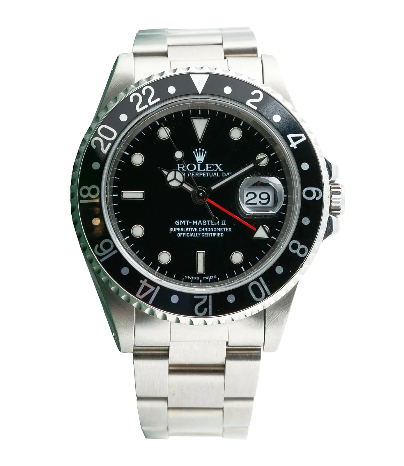 Rolex GMT-Master II reference 16710 with a black and red Coke bezel and an Oyster bracelet, shown off the wrist