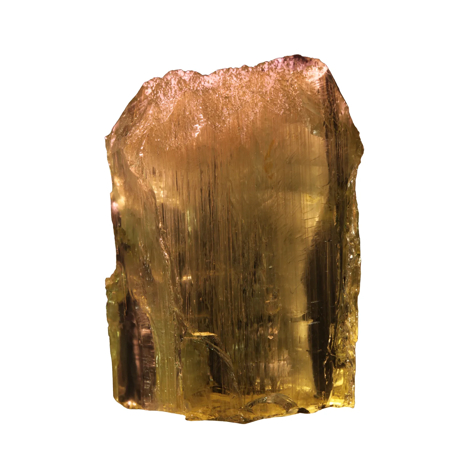 A cluster of golden-yellow heliodor prisms, a Volodarsk crystal on a white museum ground