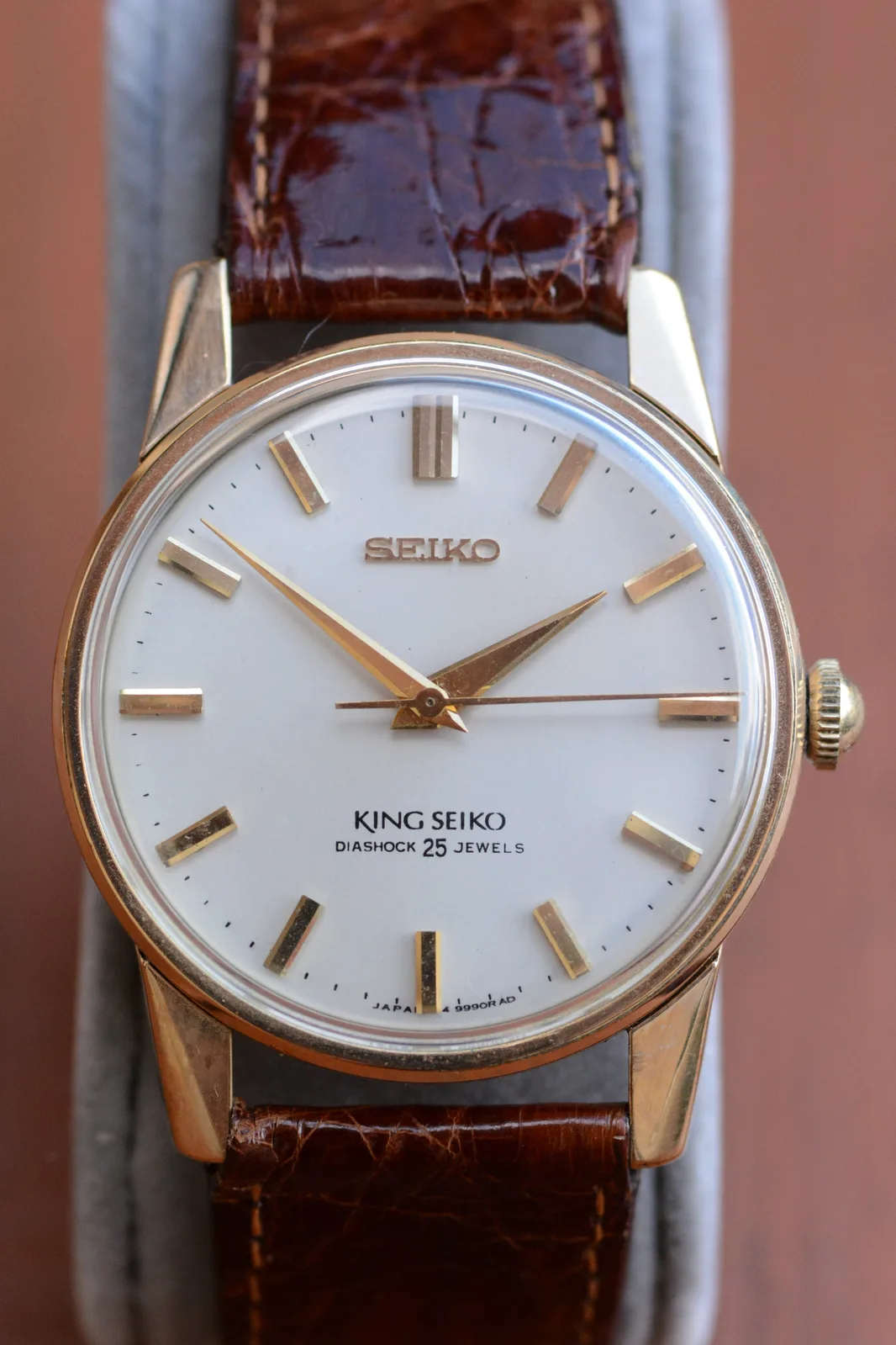 A 1967 King Seiko manual-wind watch with a silver dial, marked Diashock and 25 jewels, shown off the wrist