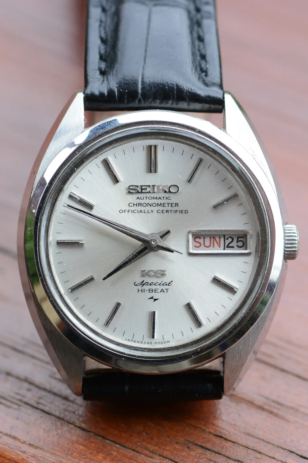 King Seiko Hi-Beat reference 5246-6000 with a silver dial marked Chronometer Officially Certified, shown off the wrist