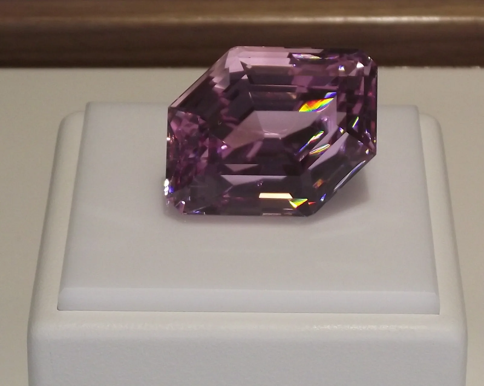Large marquise-cut kunzite, a lilac-pink pane, photographed as a museum catalog still