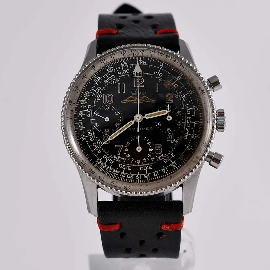 Breitling Navitimer AOPA with Venus caliber 806, circa 1960, a black dial and slide-rule bezel shown face-on off the wrist