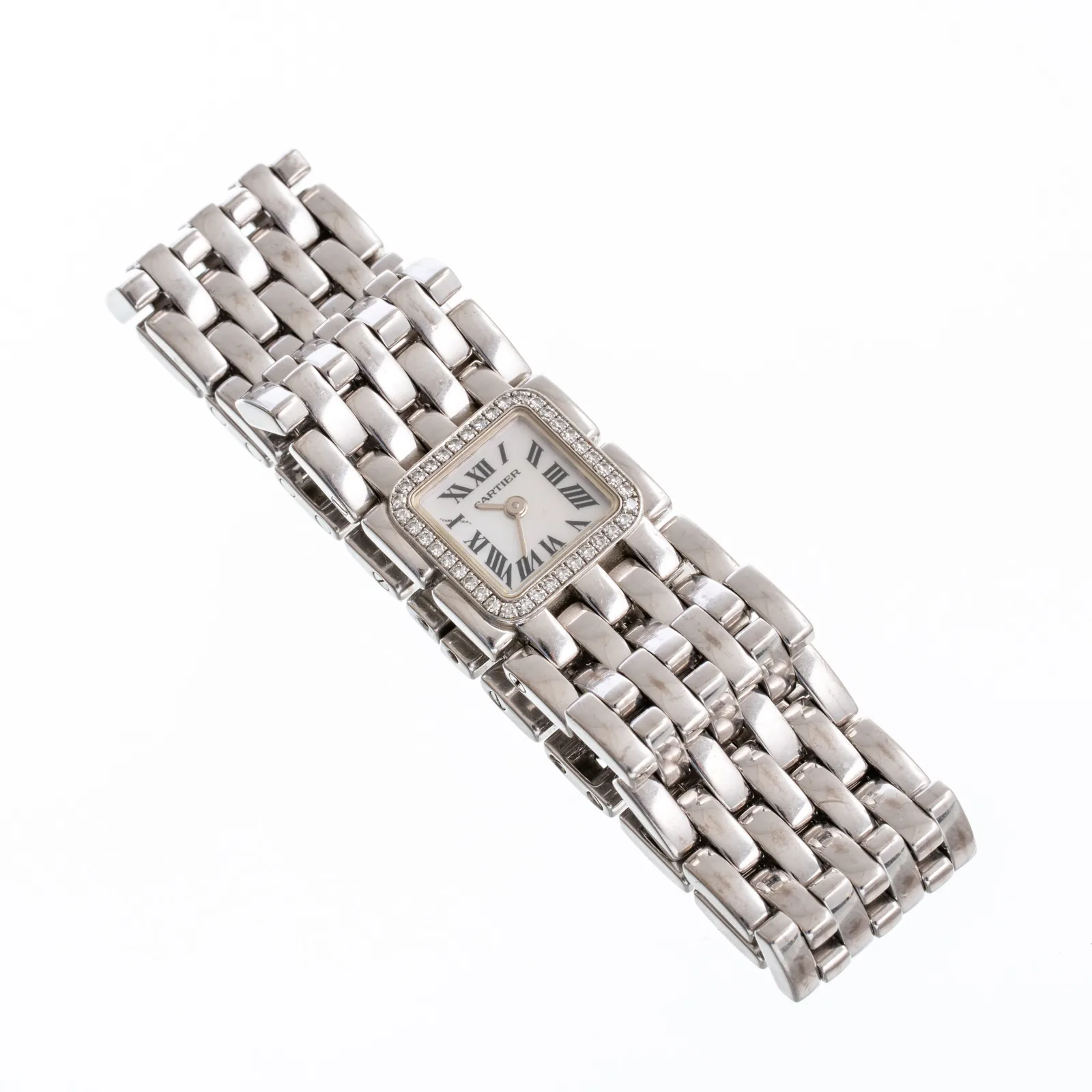 Cartier Panthère Ruban jewelry watch with a diamond-set square case on a wide white-metal ribbon bracelet