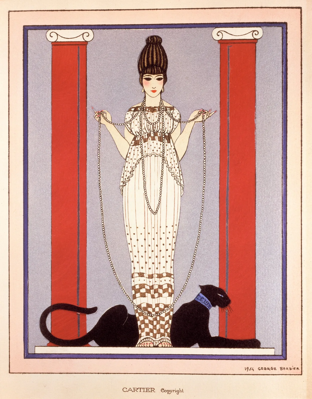 George Barbier 1914 plate for Cartier of a woman in a dotted gown holding long pearls, with a black panther lying at her feet