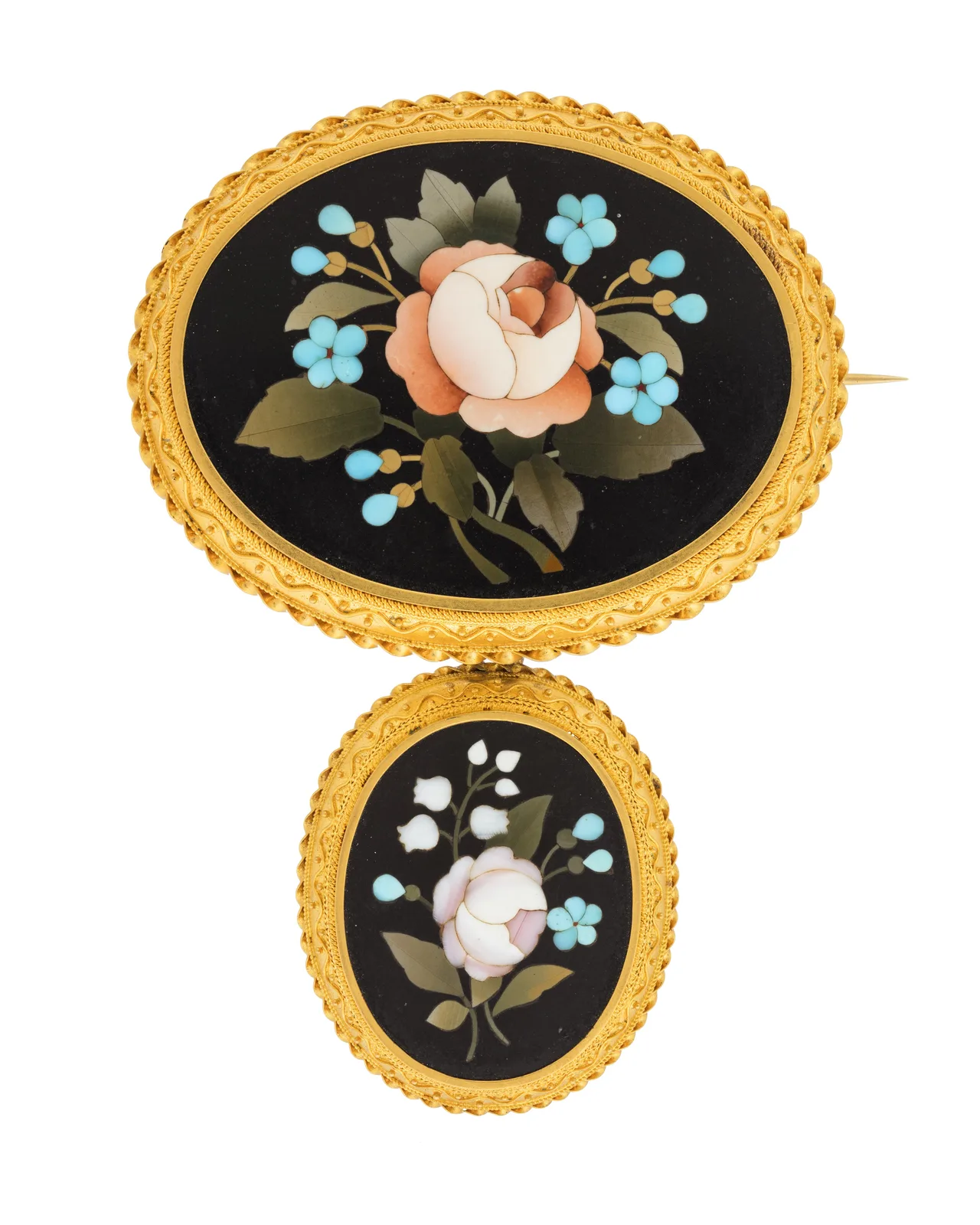 A gold brooch with a florentine mosaic bouquet of colored stones, Hallwylska museet