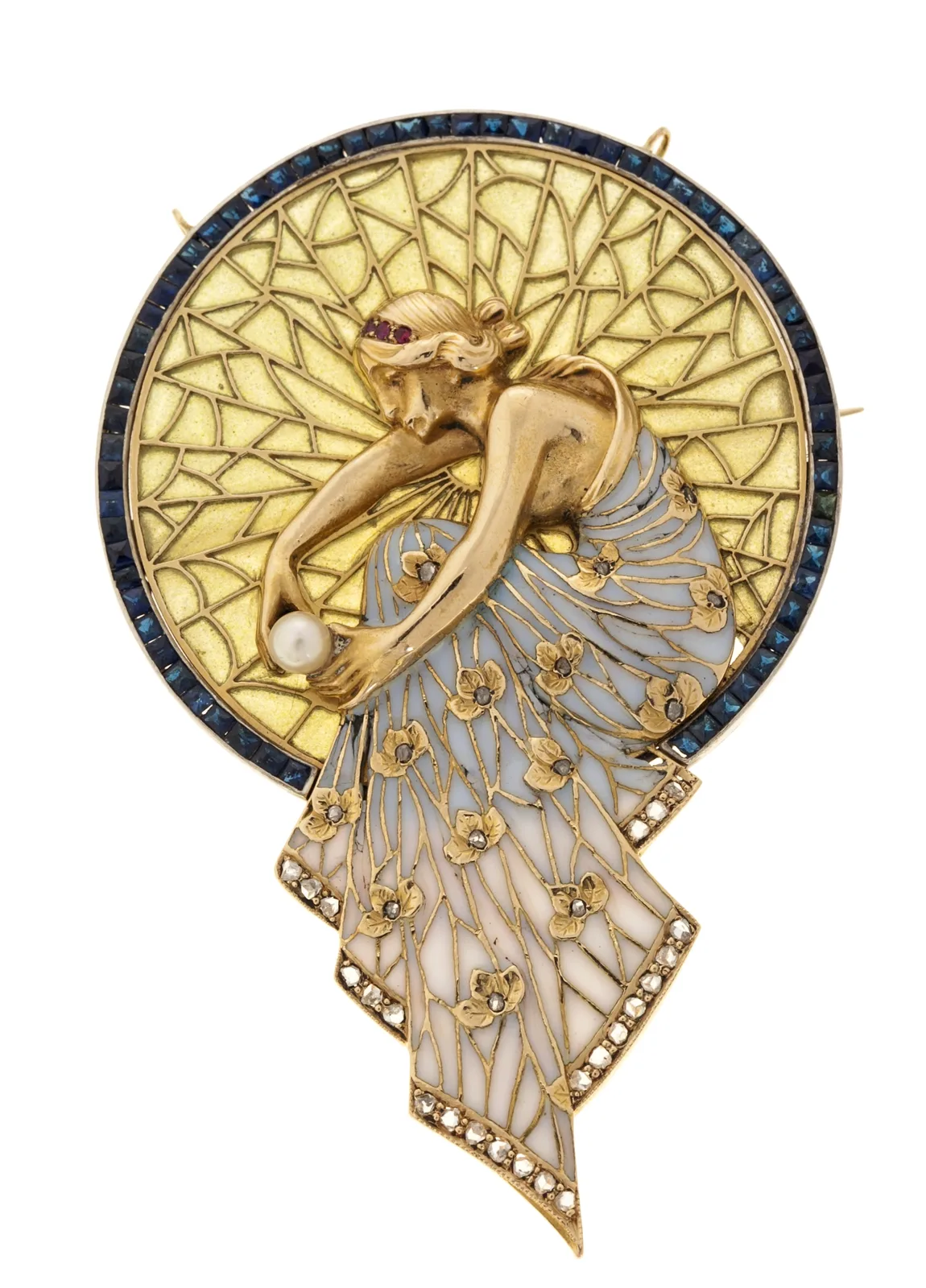 A gold nymph pendant by Lluís Masriera with plique-à-jour enamel wings, diamonds, rubies, and a pearl