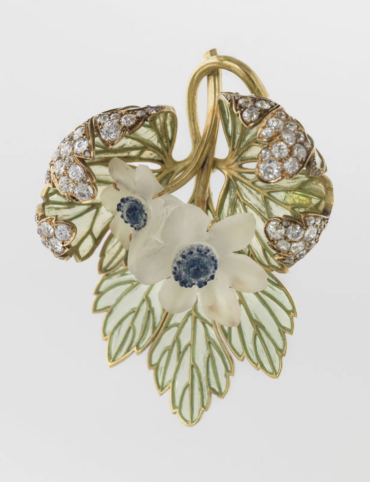 A René Lalique wood-anemone pendant in gold with green plique-à-jour enamel and diamonds