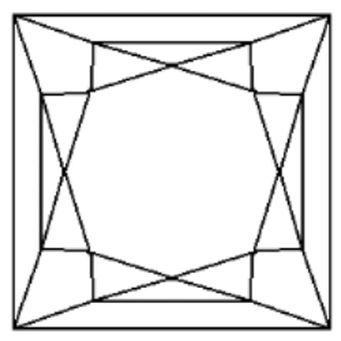 Diagram of a princess cut, a square outline with sharp corners and a chevron facet pattern