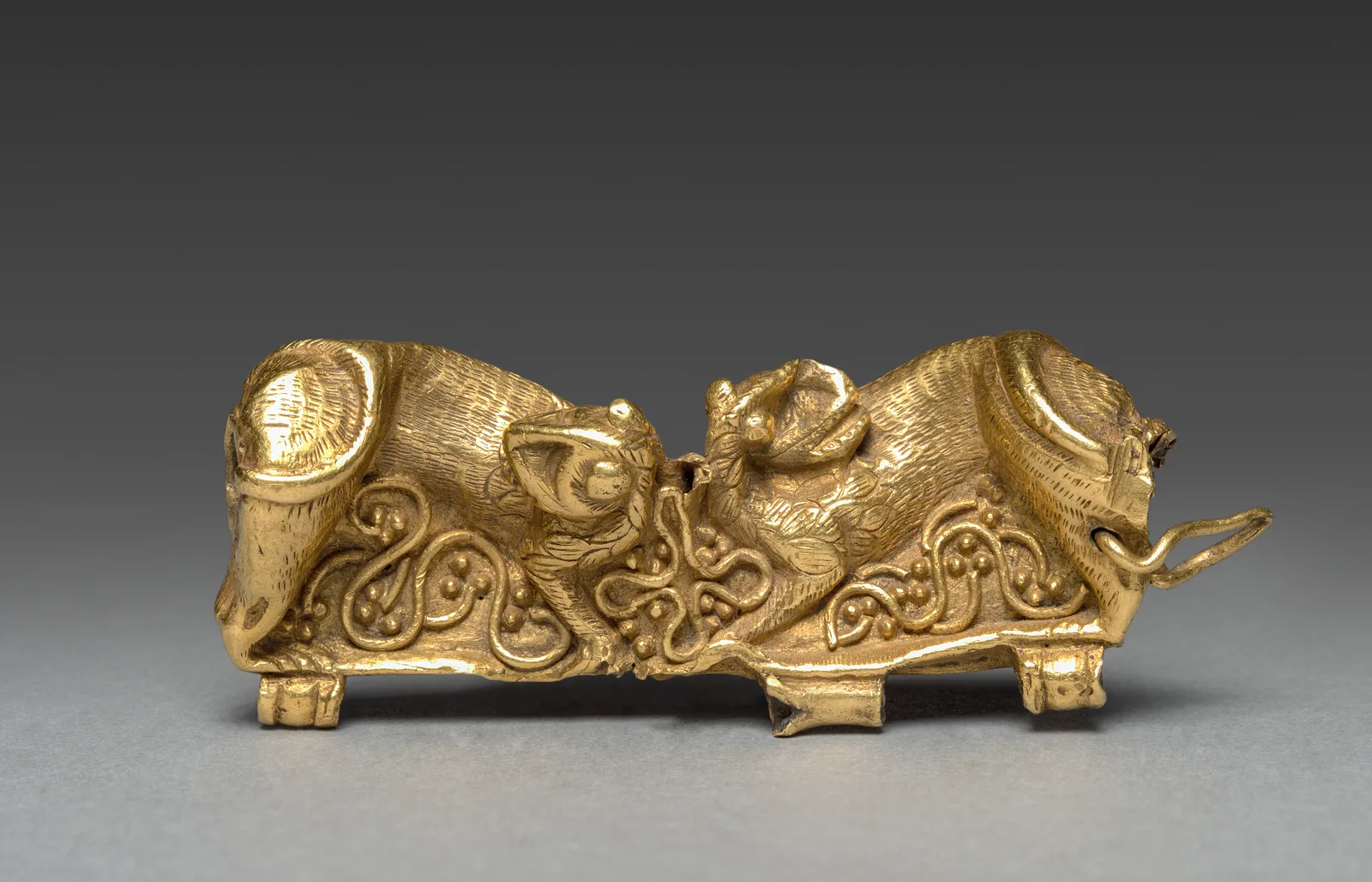 A thirteenth-century European gold clasp worked in repoussé with scrolling leaves and flowers, on a dark museum ground