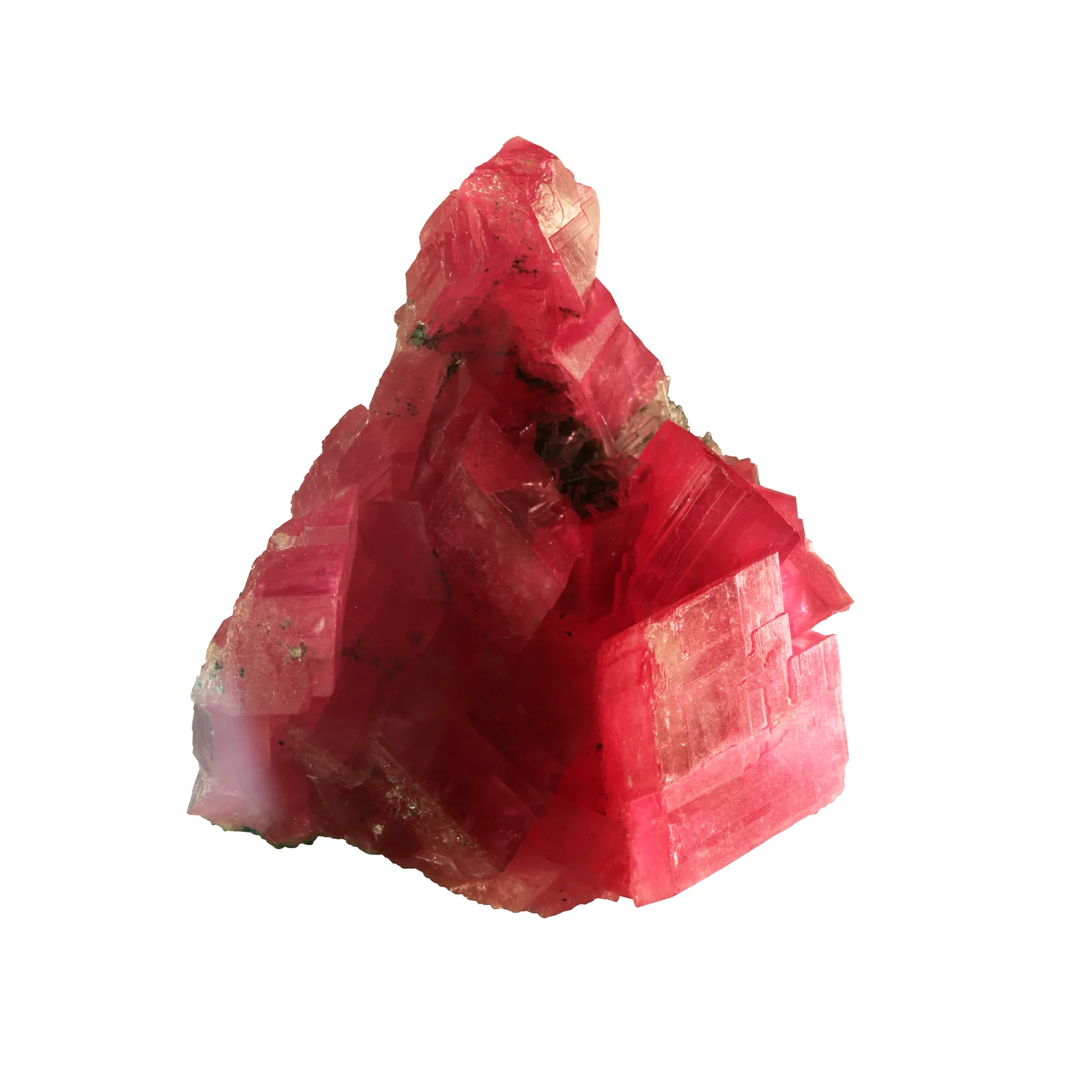 Rose-red rhodochrosite rhombohedrons clustered on quartz, a Sweet Home Mine specimen on a white ground