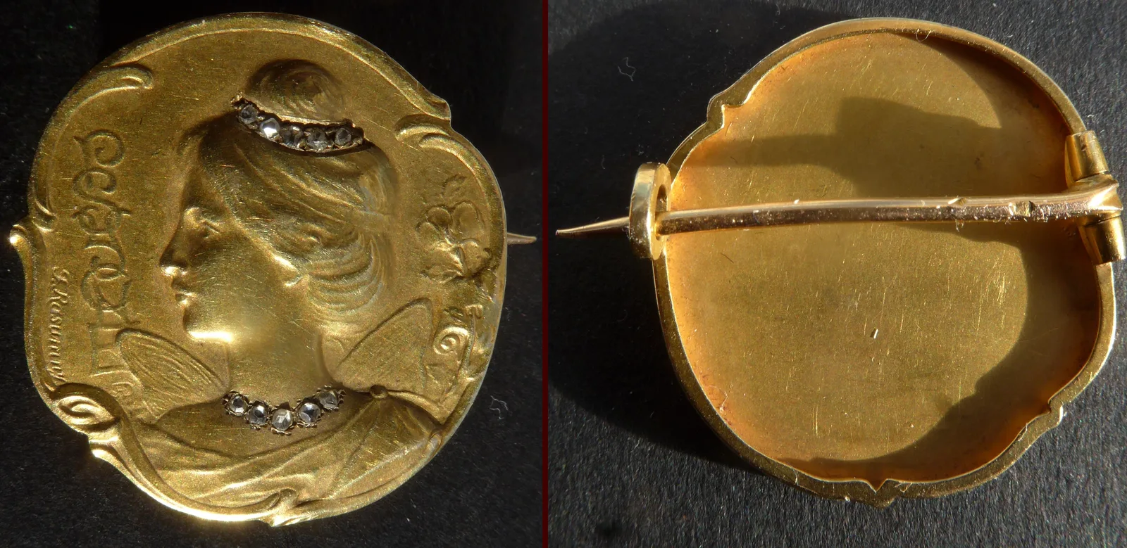 Gold brooch set with many small rose-cut diamonds, each a low faceted dome