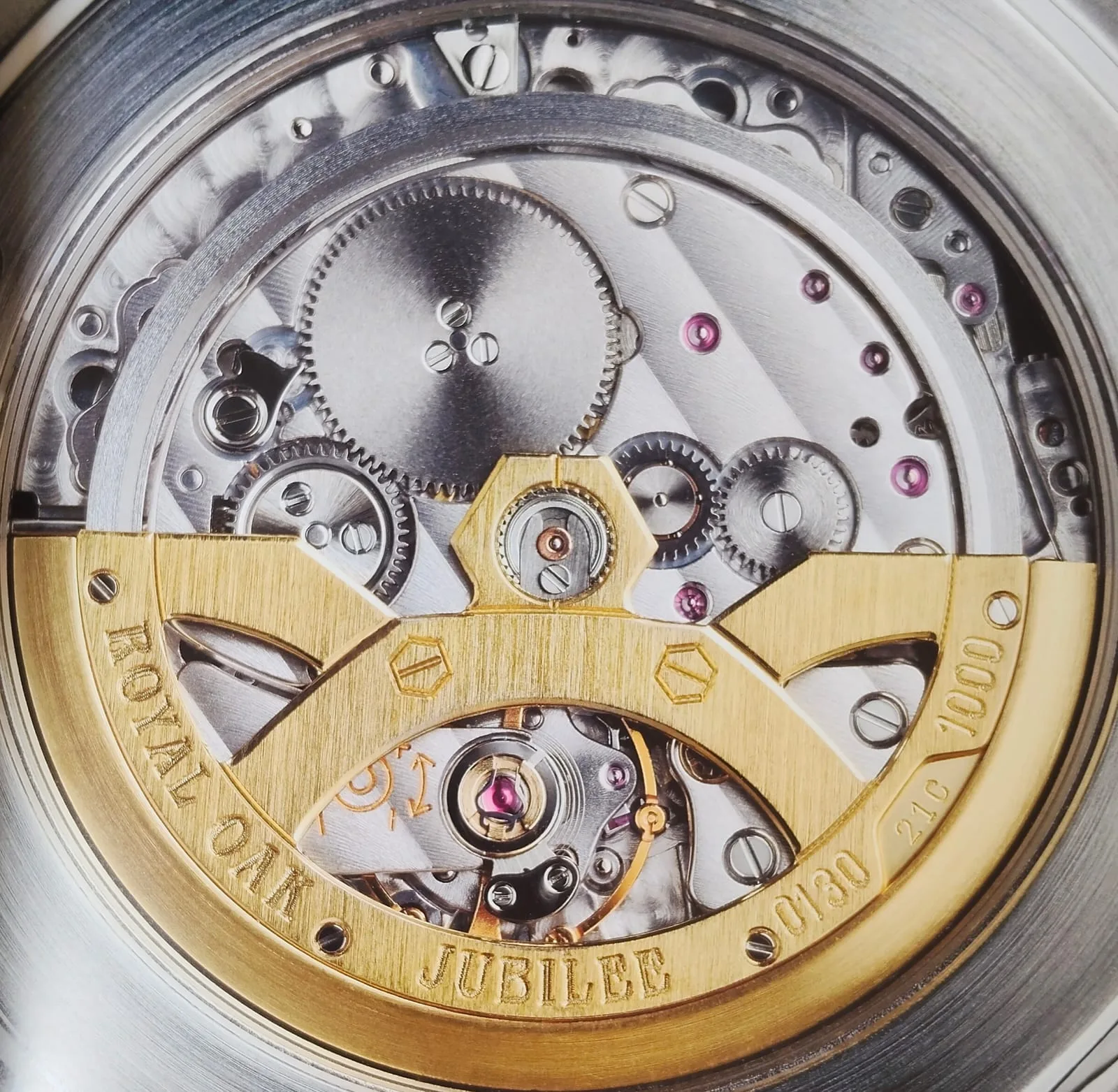 Audemars Piguet caliber 2121 with a gold rotor marked for the twentieth anniversary of the Royal Oak, from reference 14802