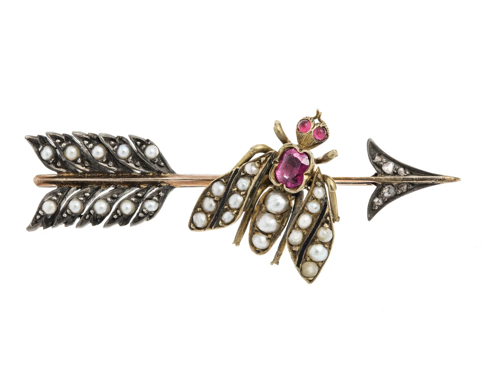 Nineteenth-century gold brooch set with pearls, rubies, and rose-cut diamonds