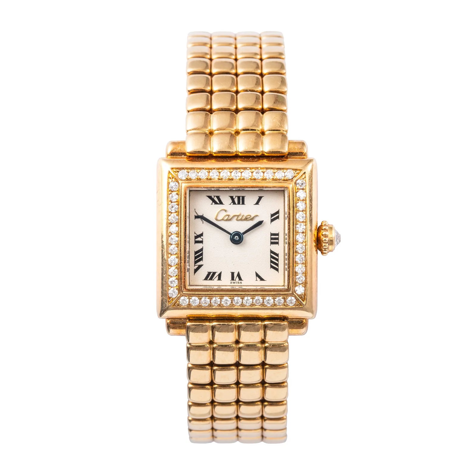 Yellow-gold Cartier Trocadéro with a cream Roman dial, diamond bezel, and brick-link bracelet