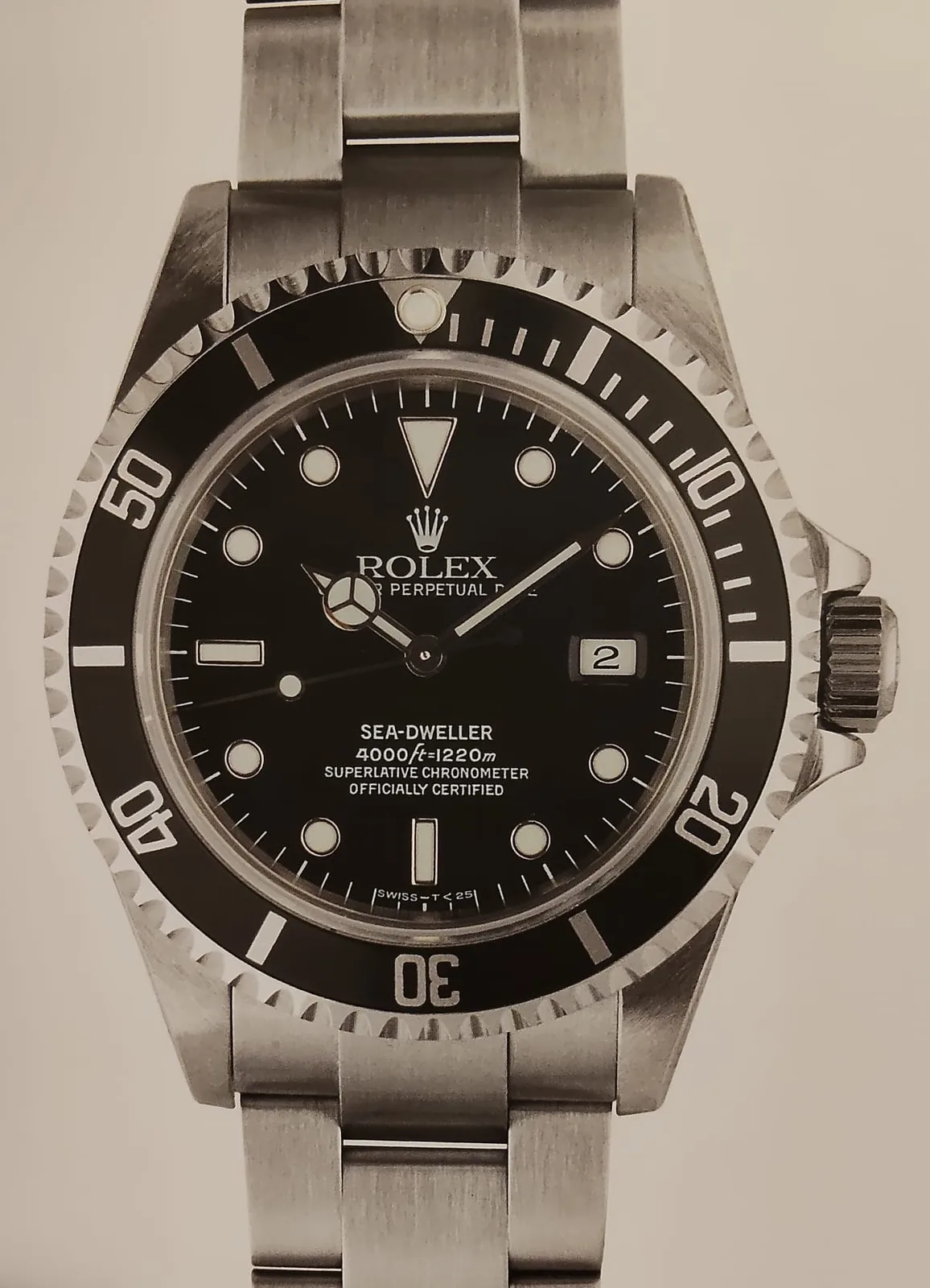 Rolex Sea-Dweller reference 16600 from the late 1980s with a black dial, a date, and a helium valve at nine, shown off the wrist