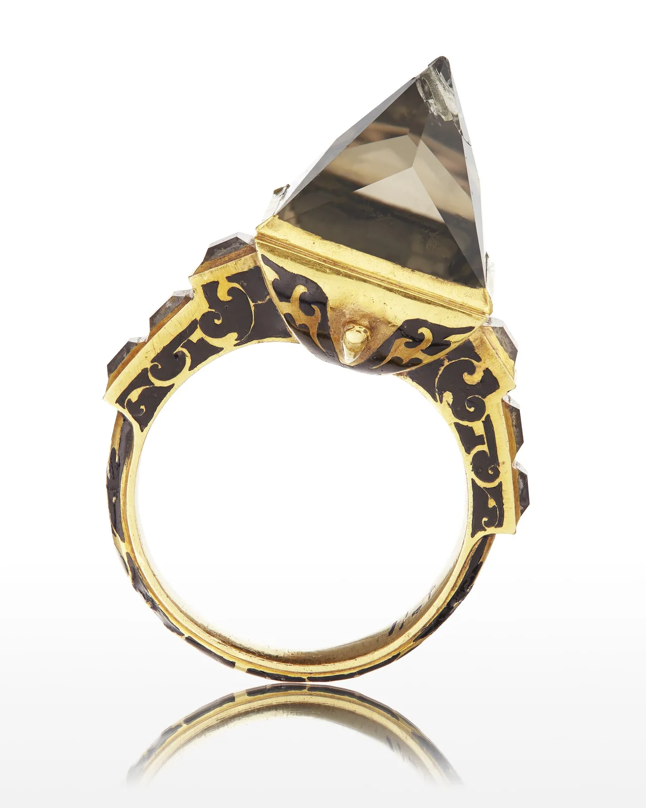 Gold coronation ring of 1607 with black enamel shoulders and one table-cut stone as the whole face
