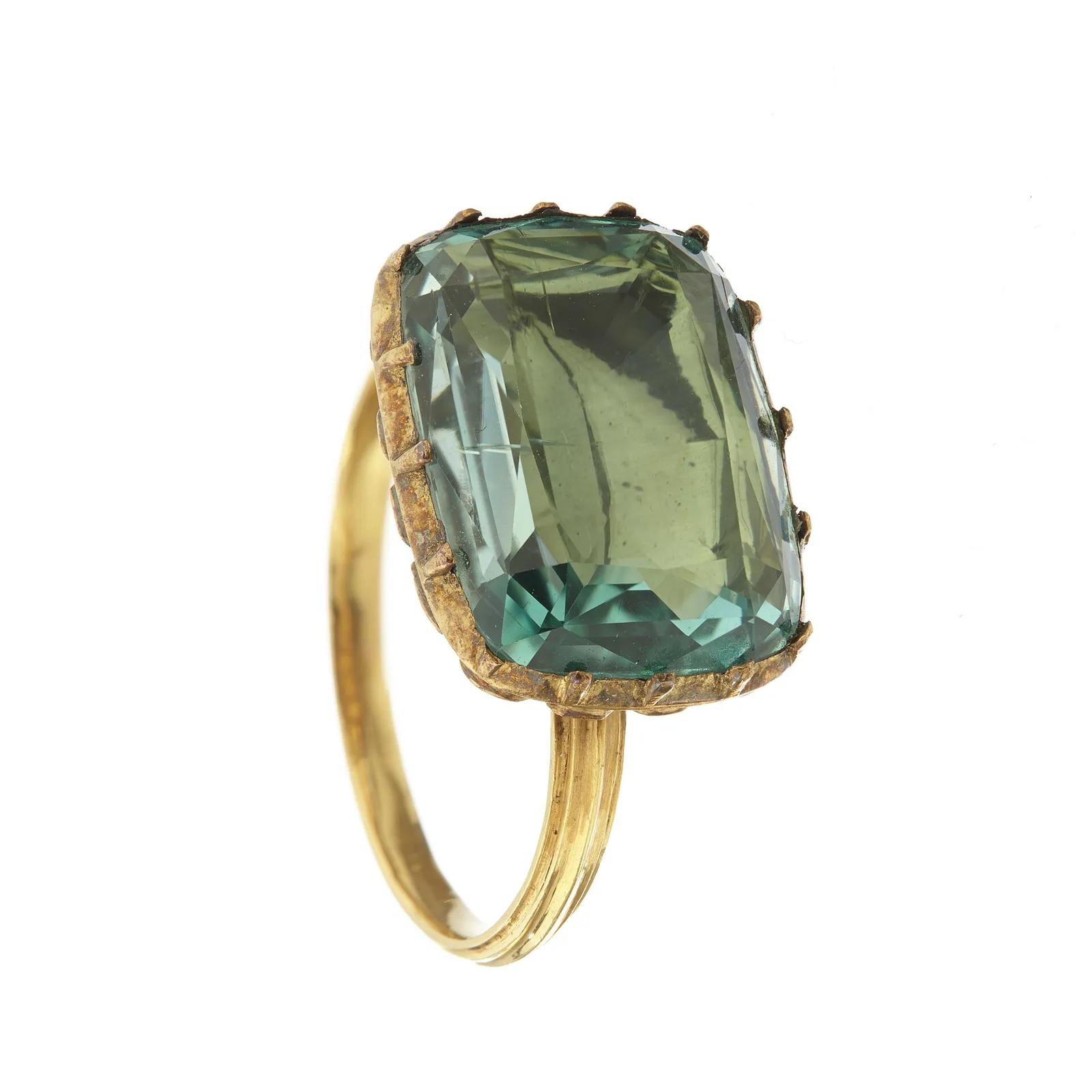 Seventeenth-century gold ring with one step-cut green stone held in an open bezel