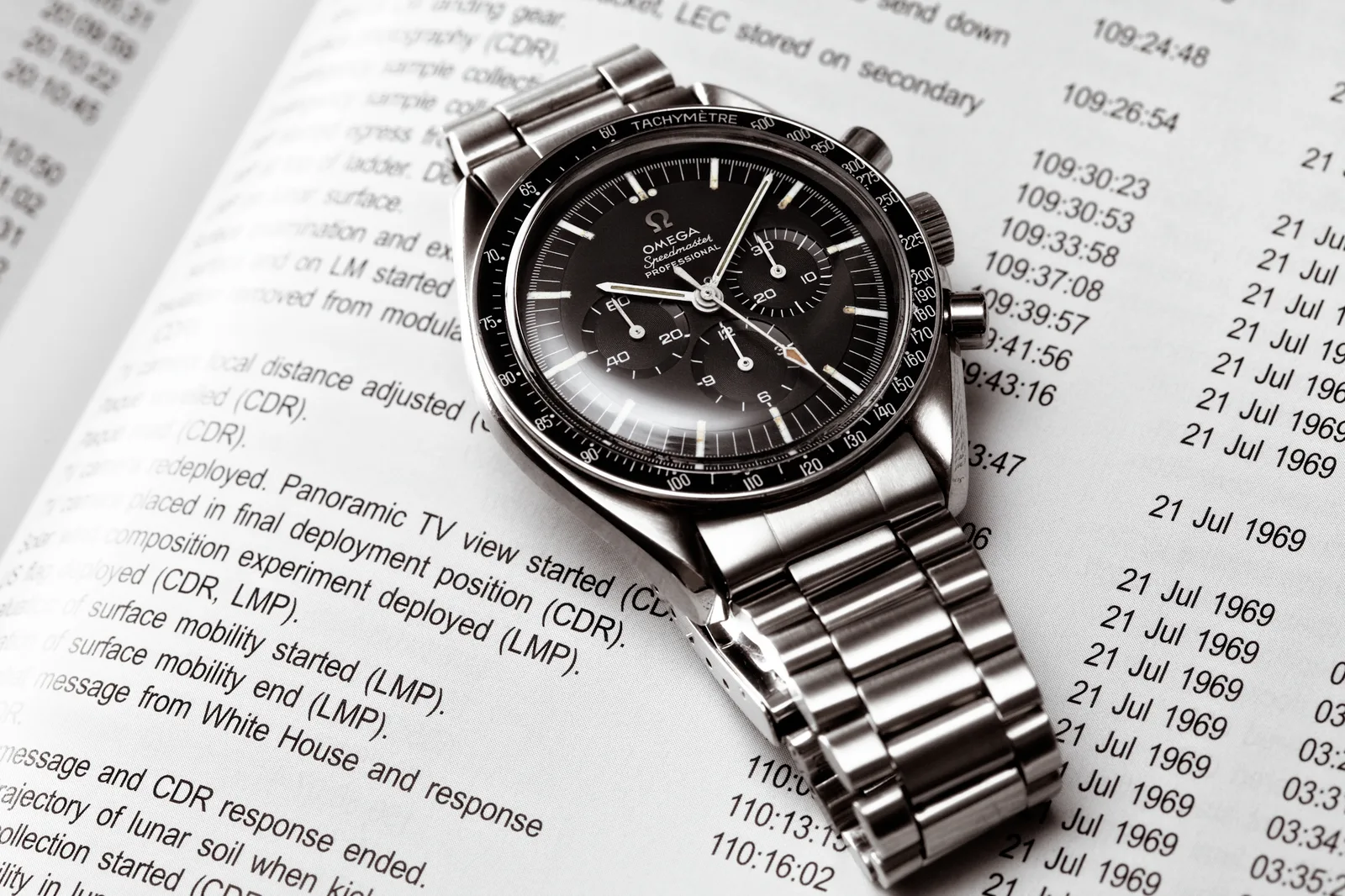 Steel Omega Speedmaster reference 145.012-67 with three registers, a tachymeter bezel, and a bracelet, shown off the wrist