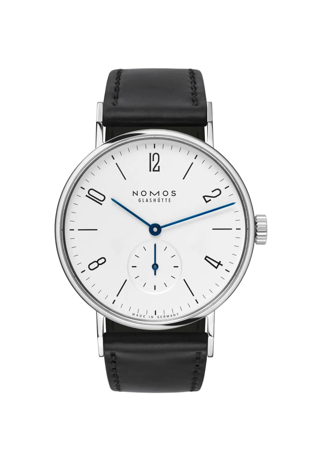 NOMOS Glashütte Tangente with a white dial, Arabic numerals, and a slender steel case, shown off the wrist on a white ground