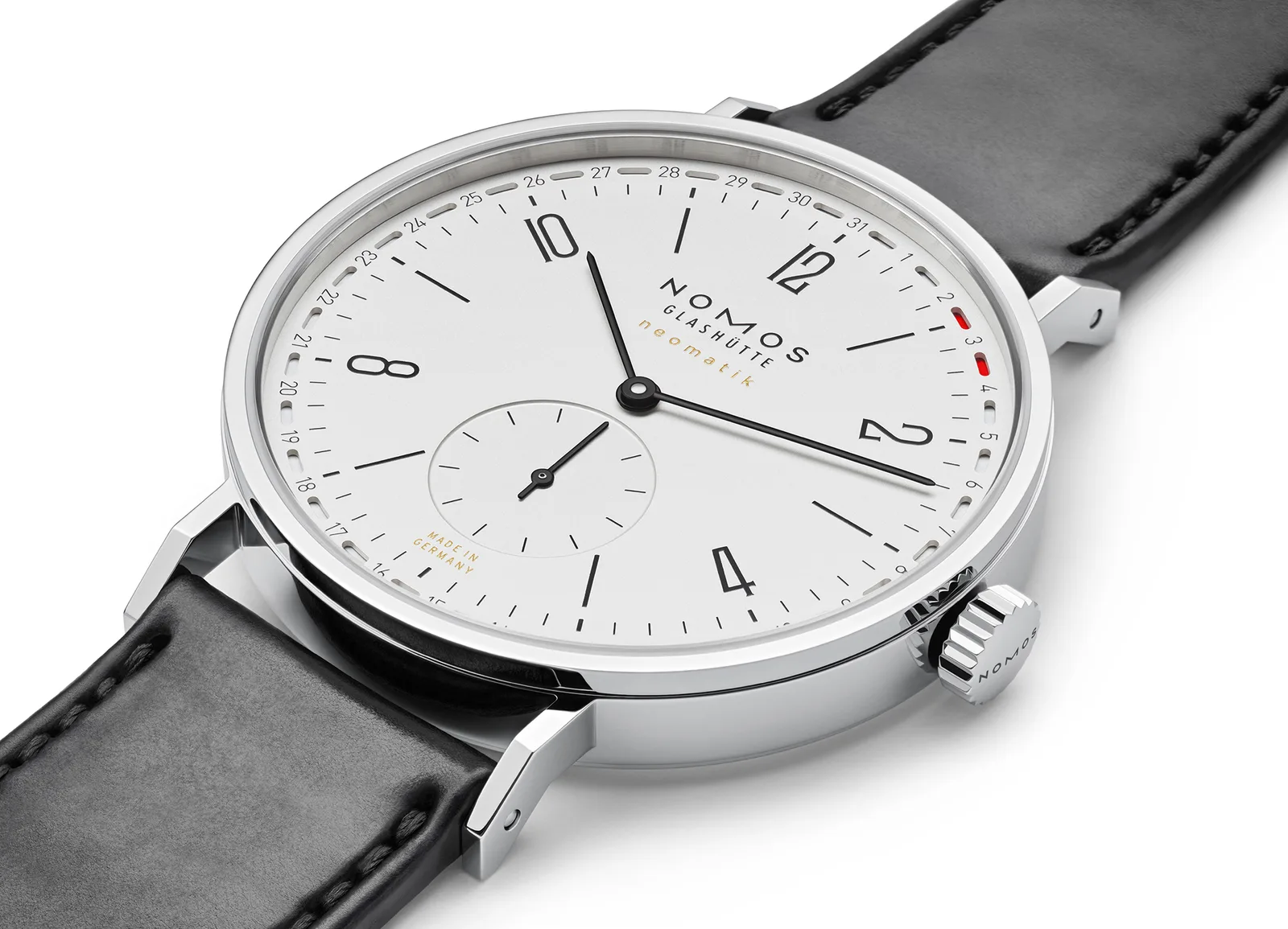 NOMOS Glashütte Tangente neomatik 41 Update with a white dial and applied markers, shown off the wrist on a white ground