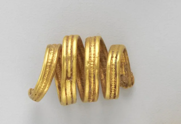 Small Etruscan gold spiral formed from a ridged gold strip wound into a tight spring of several turns